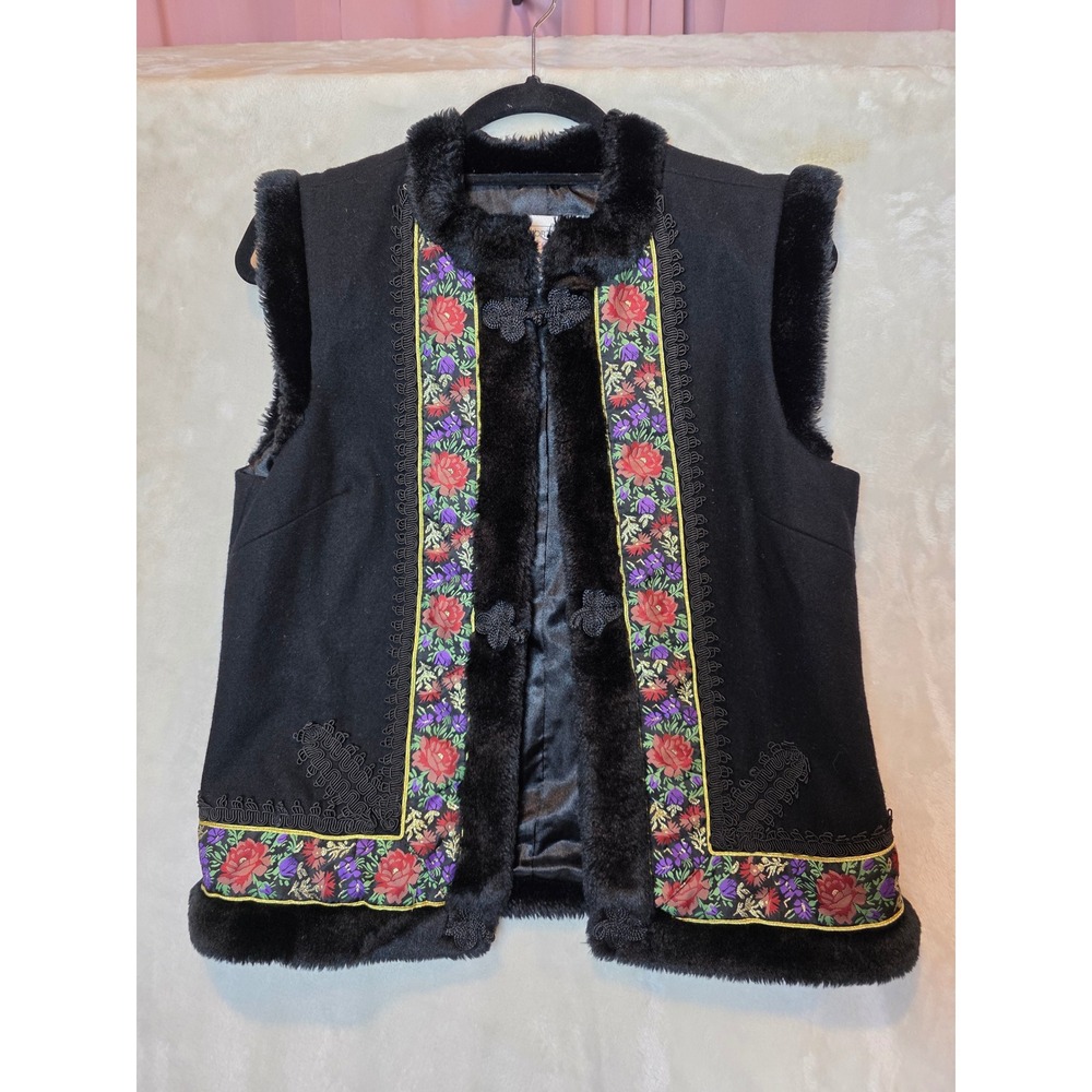 Victor Costa Occasion Black‎ Wool Floral Tapestry Faux Fur Trim Vest Small